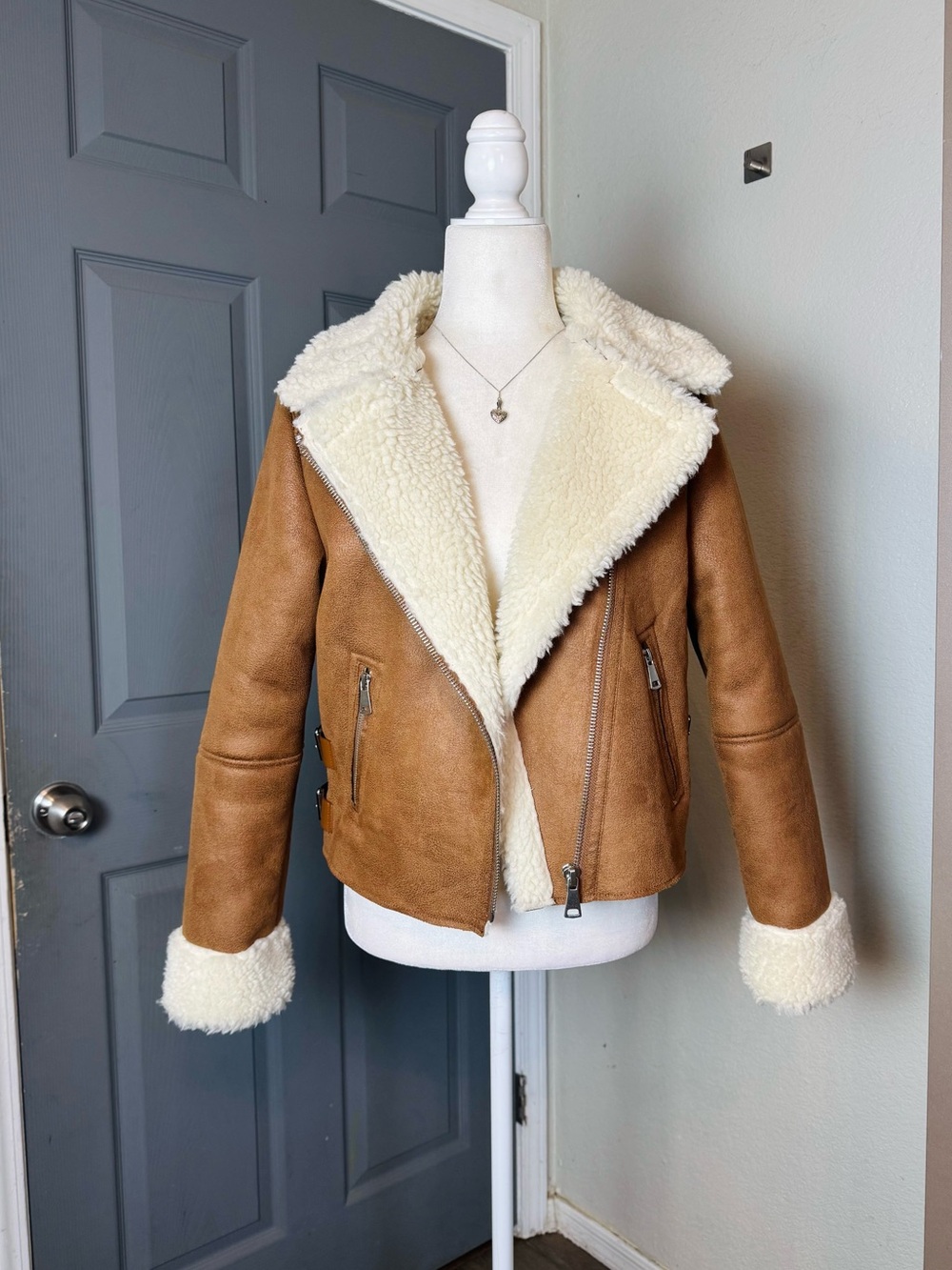 NWT Brown Faux Faur Shearling Aviator Moto Jacket Sherpa Collar Zip